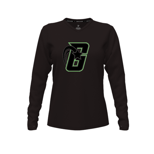 [CUS-DFW-TEES-CMF-VNK-LSL-BLK-FYXS-LOGO2] Decker Comfort T-Shirt (Female Youth XS, Black, V Neck, Logo 2, Long Sleeve)