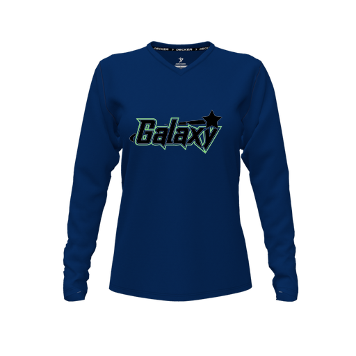 [CUS-DFW-TEES-CMF-VNK-LSL-NVY-FYXS-LOGO1] Decker Comfort T-Shirt (Female Youth XS, Navy, V Neck, Logo 1, Long Sleeve)