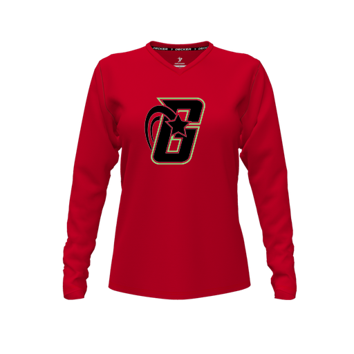 [CUS-DFW-TEES-CMF-VNK-LSL-RED-FYXS-LOGO2] Decker Comfort T-Shirt (Female Youth XS, Red, V Neck, Logo 2, Long Sleeve)