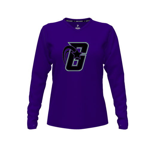 [CUS-DFW-TEES-CMF-VNK-LSL-PUR-FYXS-LOGO2] Decker Comfort T-Shirt (Female Youth XS, Purple, V Neck, Logo 2, Long Sleeve)