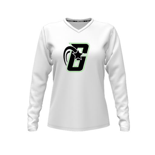 [CUS-DFW-TEES-PER-VNK-LSL-WHT-FYXS-LOGO2] Performance T-Shirt (Female Youth XS, White, V Neck, Logo 2, Long Sleeve)