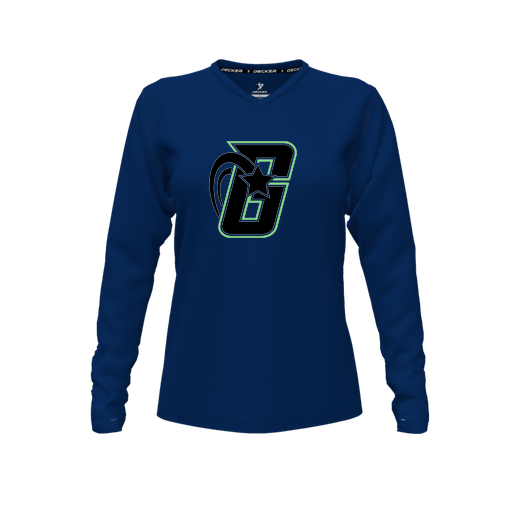 [CUS-DFW-TEES-PER-VNK-LSL-NVY-FYXS-LOGO2] Decker Performance T-Shirt (Female Youth XS, Navy, V Neck, Logo 2, Long Sleeve)