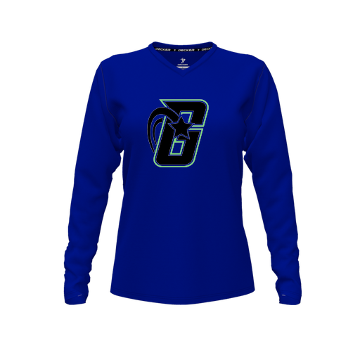 [CUS-DFW-TEES-PER-VNK-LSL-RYL-FYXS-LOGO2] Decker Performance T-Shirt (Female Youth XS, Royal, V Neck, Logo 2, Long Sleeve)