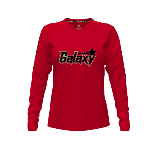 [CUS-DFW-TEES-PER-VNK-LSL-RED-FYXS-LOGO1] Decker Performance T-Shirt (Female Youth XS, Red, V Neck, Logo 1, Long Sleeve)