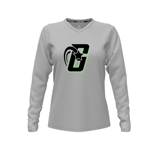 [CUS-DFW-TEES-PER-VNK-LSL-GRY-FYXS-LOGO2] Decker Performance T-Shirt (Female Youth XS, Gray, V Neck, Logo 2, Long Sleeve)